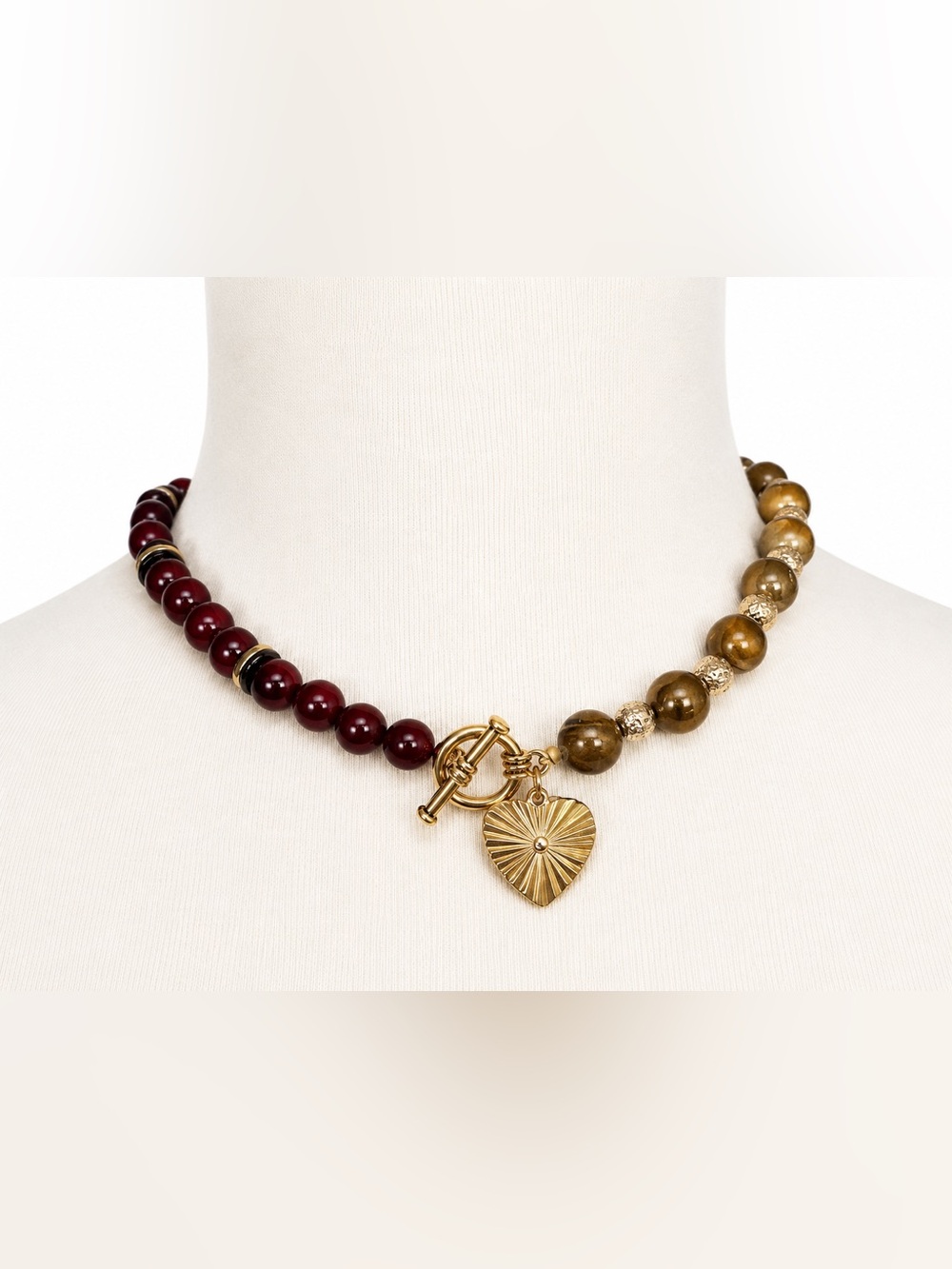 Ox blood red semi precious stones glass beaded choker necklace NWT Heart Charm
